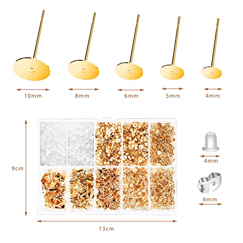 VERACT Earring Posts and Backs, 2000Pcs Golden Hypoallergenic Earring Studs for Jewelry Making Kit and Butterfly Earring Backs and Rubber Earring Backs with Box (4mm, 5mm, 6mm, 8mm, 10mm)