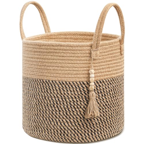 UBBCARE Woven Storage Basket - 11 x 11 inches, Decorative Rope Basket with Handles, Round Basket for Blankets, Dirty Clothes, Toys and Shoes in Living Room, Bedroom, White & Jute