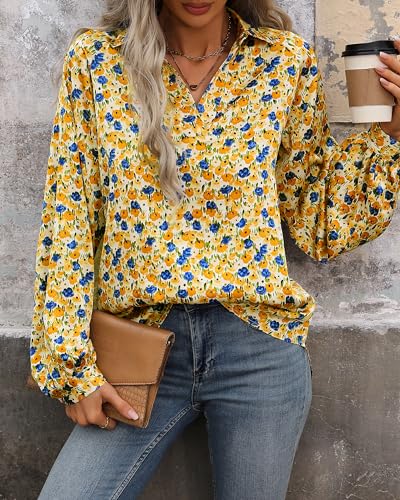 BTFBM Women's Spring Summer Blouse Tops 2024 V Neck Lantern Long Sleeve Floral Boho Loose Casual Blouses Vacation Shirt(Floral Pink Yellow, Large)