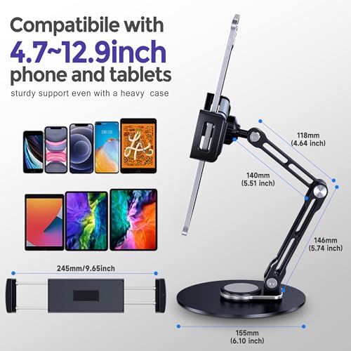 Lucrave Tablet Stand Holder for iPad, Adjustable with 360 Rotating Base for Desk, Aluminum Swivel Tablet Stand Compatible with iPad Air, Mini, 10.2,9.7, Pro 11/13 and More, Black