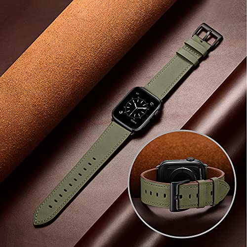 OUHENG Compatible with Apple Watch Band 42mm (Series 10) 41mm 40mm 38mm, Genuine Leather Band Replacement Strap Compatible with Apple Watch Series 10/9/8/7/6/5/4/3/2/1/SE2/SE, Dark Blue/Blue