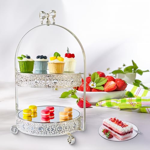 Quegroot Silver 2 Tier Crystal & Metal Cake Stand, Round, 20 x 11 x 10 inches, 6.5 lbs Capacity, Dessert Tray for Party, Baby Shower, Wedding Decor