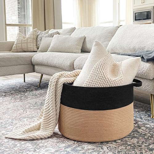 INDRESSME Woven Rope Basket with Handle, XXXLarge, Cotton (21.7" x 21.7" x 13.8") Laundry Hamper For Baby Laundry, Blanket, Toy, Storage Comforter Cushions, Gray