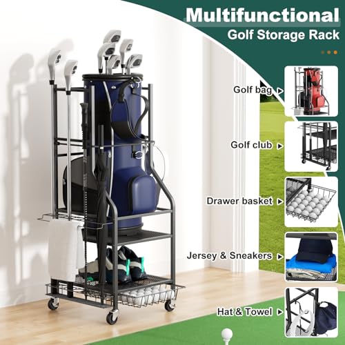 VOPEAK Golf Bag Organizer, Golf Bag Stand Fits Single Bag, Golf Organizer for Golf Clubs, Golf Balls, Golf Equipment Accessories, Easy Assembly Golf Storage Organizer for Garage, Club, Shed, Basement