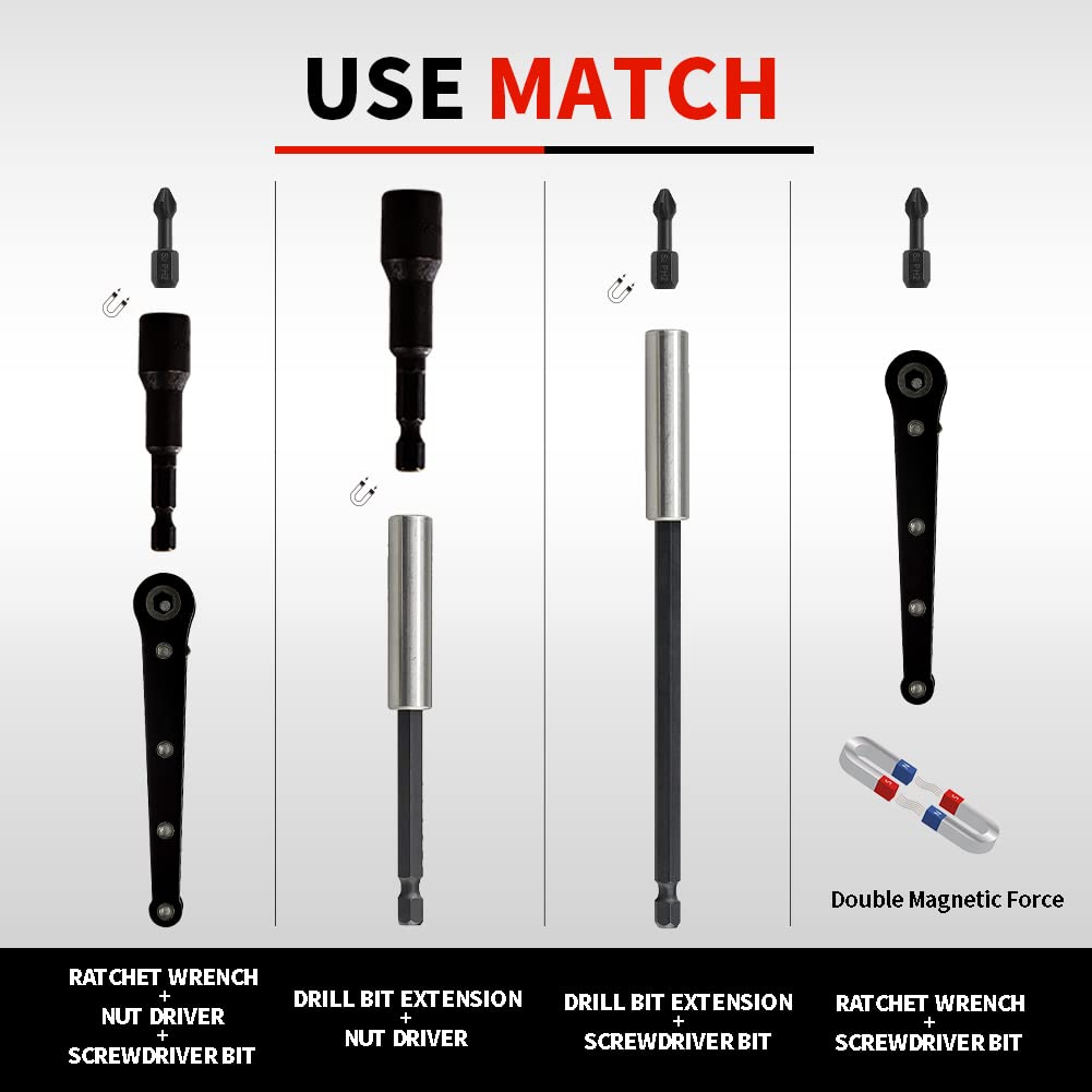 AKMTOOL 41Pcs Magnetic Nut Driver Set, 1/4" Quick-Change Hex Shank | SAE & Metric | Cr-V Steel, Magnetic Screwdriver Bit Set W/Drill Bit Extension & Drill Bit Adapter, Ratchet Wrench