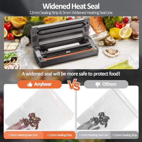 Anybear Vacuum Sealer Machine, 90kPa 120W Wide Seal All-IN-1 Powerful Food Storage, Build-in Cutter | Bags Storage | Digital Countdown Display | 2 Bag Rolls and 5pcs Pre-cut Bags (Gray)