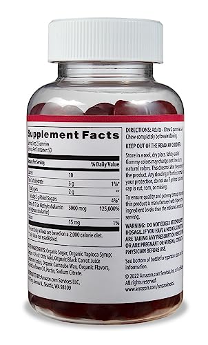 Amazon Basics Vitamin B12 3000 mcg Gummies, Normal Energy Production and Metabolism, Immune System Support, Raspberry, 100 Count (2 per serving) (Previously Solimo)