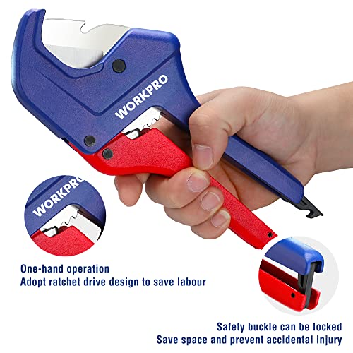 WORKPRO Ratchet PVC Pipe Cutter, Up to 1-5/8", Plastic Pipe and Tubing Cutter for PEX, PVC, PPR, and Plastic Hoses, High-quality Aluminum Die-casting Body with Sharp Stainless Steel Blades