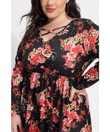 TIYOMI Plus Size Tunic For Women Long Sleeve 1X V Neck Floral Pattern Flower Print Tops Criss Cross Loose Fit Fall Autumn Winter Tunic Black XL