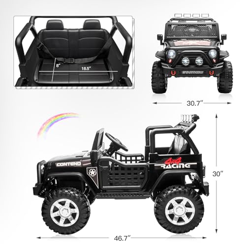 SEHOMY Kids Ride On Truck with Remote, 12V Battery Powered Electric Car for Kids - Two Seater with one Belt, Spring Suspension, LED Lights, Safety Belt, Music, 4 Wheels Kids Electric Vehicles Black