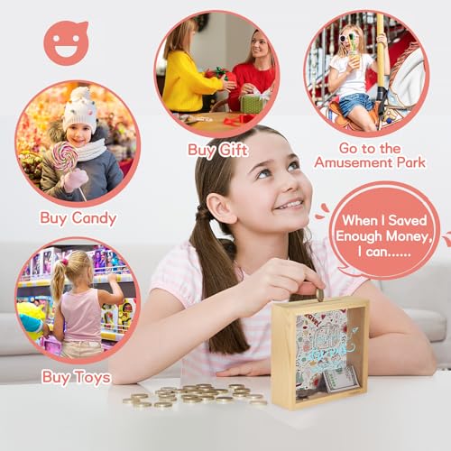Piggy Bank for Kids. Wooden Money Coin Bank for Boys and Girls. Coin Bank Money Bank. Natural Wood Money Box. Printed on The Plexiglass Front-Make Your Dreams Happen.