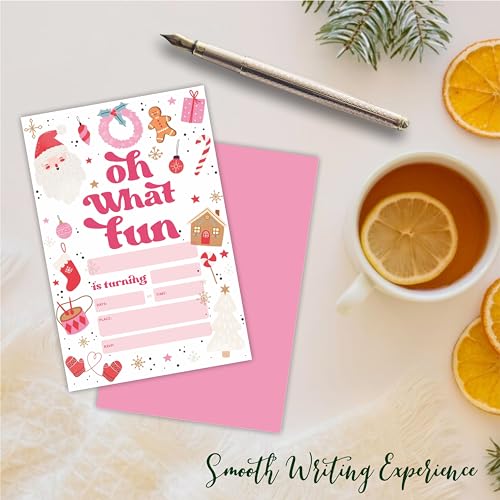 Oh What Fun! Christmas Birthday Party Invitation Cards - Pink Elements - 20 Invitations & Envelopes, Birthday Party Invites For Girls, 1St Birthday, Festive Season Party Favor & Decorations - A03