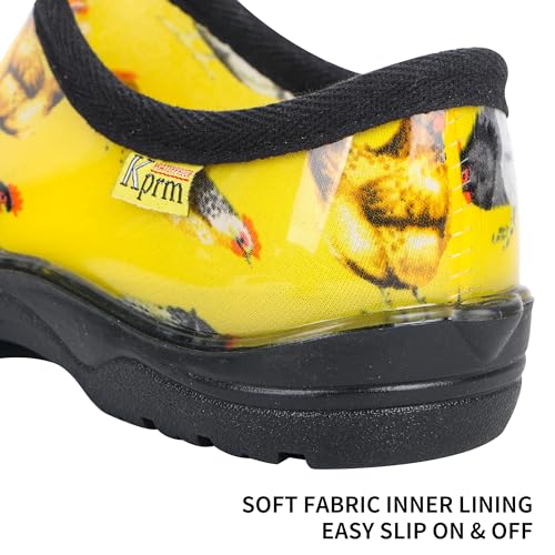 Kprm Flat Garden Shoes for Women Waterproof Slip-On Womens Rubber Rain Shoes Gardening Clogs with Comfort Insole (Chickens Yellow, 6)