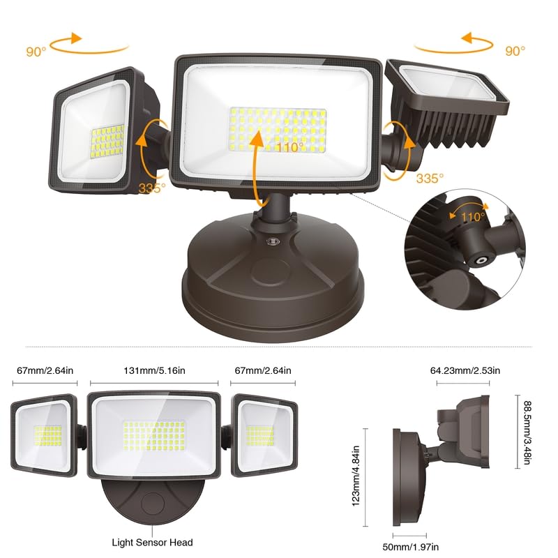 Onforu 2 Pack 60W Flood Lights Outdoor, 6000LM LED Floodlights Switch Controlled, IP65 Waterproof Exterior Lighting Fixture with 3 Adjustable Heads, 6500K Security Light for Eave Garage Yard