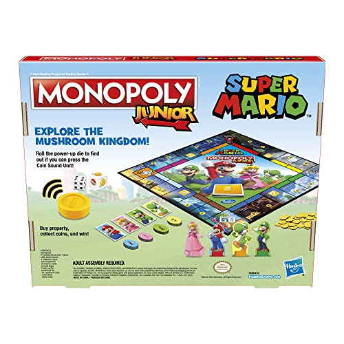 Monopoly Junior Super Mario Edition Board Game, Fun Kids' Ages 5 and Up, Explore The Mushroom Kingdom as Mario, Peach, Yoshi, or Luigi (Amazon Exclusive)