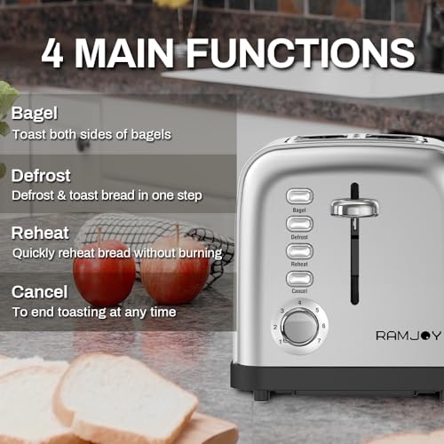 RAMJOY Black Toaster 2 Slice, Extra Wide Slot Toaster for Bagels, Bread, Waffles, 7 Shade Settings, 4 Main Functions, Removable Crumb Tray, 900 Watts Toasters, Black Stainless Steel