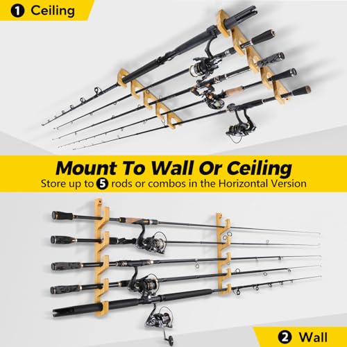PLUSINNO WH5 Horizontal Fishing Rod/Pole Holders for Garage, Wall or Ceiling Mounted Fishing Rod Rack, Solid Wood Fishing rod Holder Holds up to 5 Rod or Combos or Nets Storage Racks