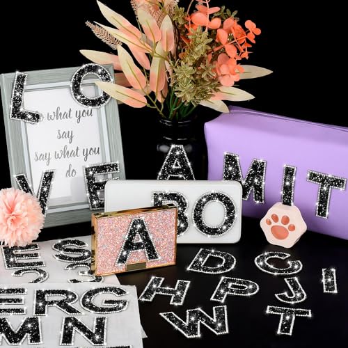 46 Pcs Rhinestone Letter Stickers Bling Number Iron on Letter Patches Crystal Self Adhesive Rhinestones Word Sticker for Art Crafts Clothing DIY Decors（Black）
