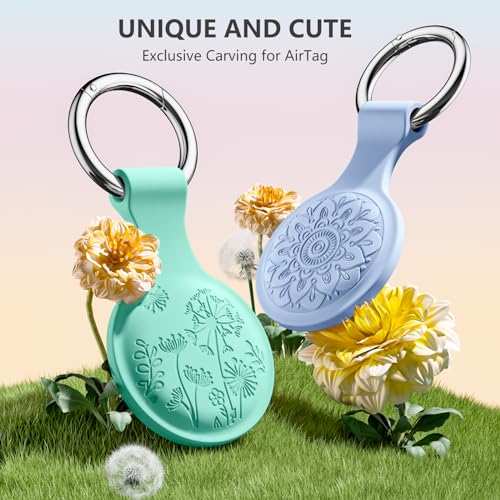 Lerobo Trendy Carved AirTag Holder Air Tag Case Keychain 4 Pack Air Tag Holder with Anti-Lost Key Ring Anti-Scratch Silicone AirTag Case Cover for Keys Kids' Backpacksk Dog Collars AirTag Accessories