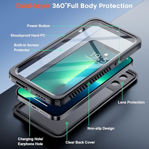 SUPFINE Magnetic for iPhone 12 Waterproof Case,[Built-in Screen Protector][IP68 Underwater][15FT Military Dropproof][Compatible with MagSafe] Full Body Heavy Duty Shockproof Phone Case-Black/Clear