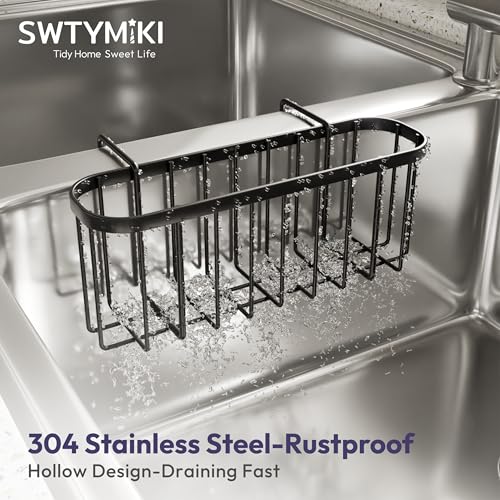 SWTYMIKI Sponge Holder for Kitchen Sink with Partition, Movable Kitchen Sink Caddy with Compact Size Stainless Steel Hanging Sink Sponge Caddy for Double Bowl Sinks, Black