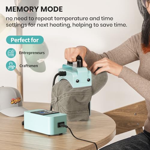 JESIMAIK Hat Press, Heat Press Machine for Caps & Patches, Heat Resistant Glove&Pad Included, Metal Body, Curved Heating Plate, No Crease, Temperature&Timer Control, Mini Easy Hat Press - Lake Blue