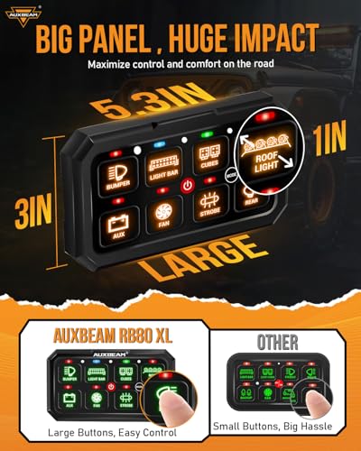 Auxbeam 8 Gang Switch Panel RB80 XL 5 Inch RGB Switch Pod Toggle Momentary Pulsed 12-24V Led Switch Panel Auxiliary Circuit Control Relay System for Truck Car Offroad UTV Waterproof 2 Years Warranty