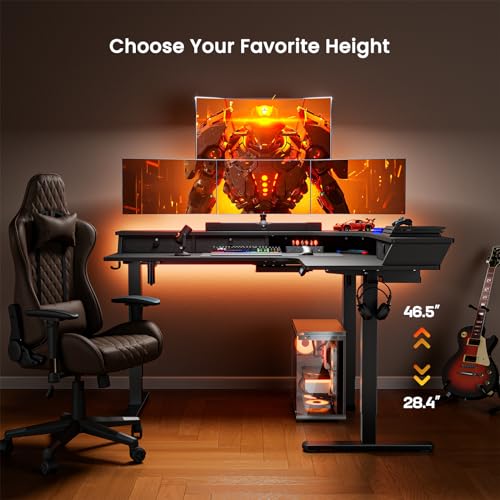 ErGear 65″ L Shaped Gaming Desk with 3 Drawers, Standing Desk Height Adjustable w/Monitor Shelf [C-Clamp Mount Compatible], Corner Stand up Desk w/Cable Management Trays for Home Office, Black