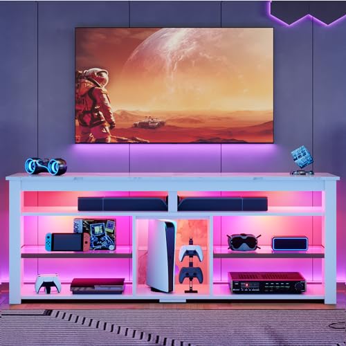 Bestier TV Stand for 65/70 inch TV, Tall Entertainment Center with 2 Led Lights, Gaming TV Console with Storage for PS5, Modern TV Cabinet for Bedroom, Living Room, Black Carbon Fiber