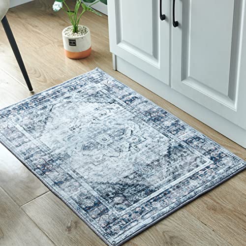 BRICHOEE Vintage Area Rug 2x3 Feet Blue/Multi Thin Entryway Mat for Kitchen Indoor Machine Washable Foldable Doormat Distressed Vintage Boho Rug