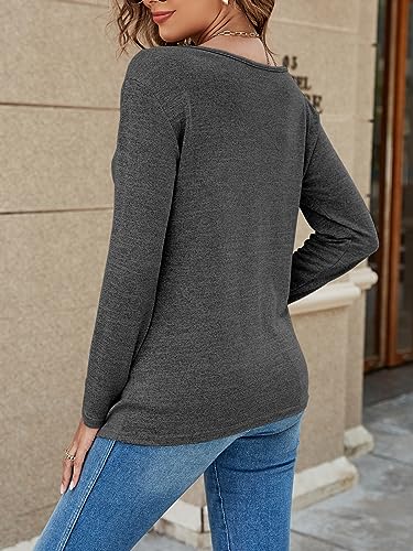 Danedvi Womens Tops Deep V Neck Long Sleeve Shirts Oversized Solid Color Casual Loose Top Beige