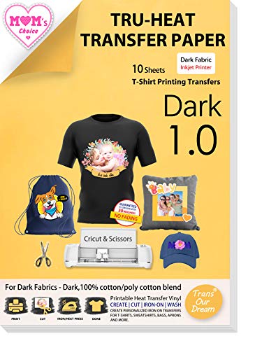 TransOurDream Tru-Heat Transfer Paper for Inkjet Printer (10 Sheets, 8.5x11") Printable Heat Transfer Vinyl for T Shirts Iron on Transfers for Dark Fabrics