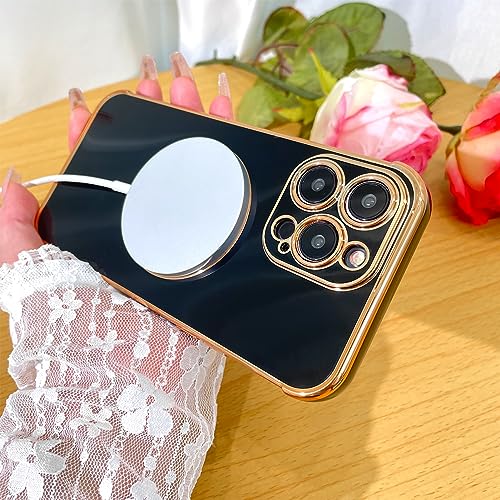 Bonoma for iPhone 14 Pro Max Magnetic Case Compatible with MagSafe, Luxury Plating Bling Rose Pattern Shockproof Case with Raised Full Camera Lens Protection for Women Girls -Black