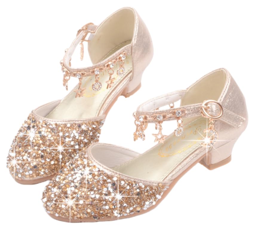 LFHT Little Kids Girls Dress Pumps Glitter Sequins Princess Low Heels Mary Jane Party Dance Shoes Rhinestone Sandals (8 M US Toddler, Golden)