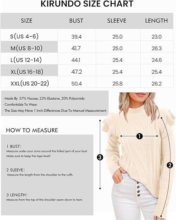 KIRUNDO Women's 2024 Fall Winter Fashion Ruffle Long Sleeve Chunky Cable Knit Sweater Casual Crew Neck Ribbed Pullover Beige White