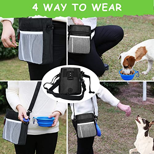 Dog Treat Pouch - 3 Ways to Wear Treat Pouches for Pet Training and 2 Pieces Clicker Taining for Dogs, Dog Training Treat Pouch Bag and Dog Clicker for Training with Waist Belt Shoulder Strap - Black