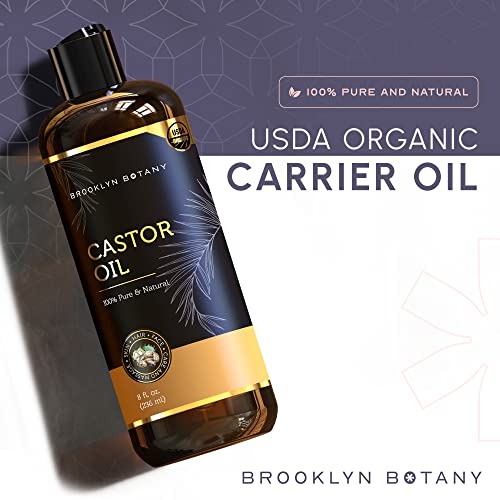 Brooklyn Botany Organic Castor Oil in Plastic Bottle for Hair Growth, Eyelashes & Eyebrows - 100% Pure and Natural Carrier Oil, Hair & Body Oil - Moisturizing Massage Oil for Aromatherapy - 8 Fl Oz