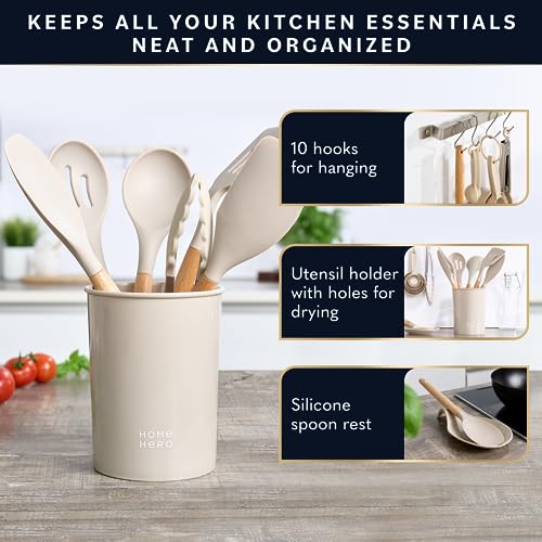 Home Hero 33 Pcs Silicone Kitchen Utensils Set, Non-Stick Silicone Cooking Utensils Set with Spatula, Wooden Handle Spatula, Silicone Kitchen Gadgets Utensil Set (33 Pcs - Khaki)