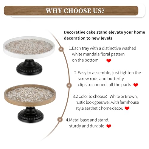 Hanobe Cake Stand Wood Riser: Decorative Boho Display Risers 12 in Round Rustic Wooden Cupcake Stand with Black Metal Pedestal for Wedding Birthday Party Home Decor Brown