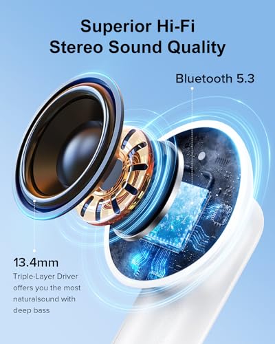 TUMJUN Wireless Earbuds, 42H Playtime Bluetooth 5.3 Headphones, HiFi Stereo Call Noise Cancelling Earbuds, IPX7 Waterproof Stereo in-Ear Earphones with LED Display for iOS Android Cell Phone (Grey)