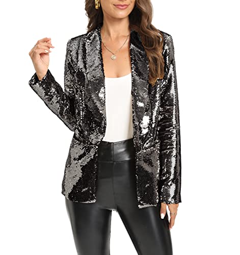 IWFEV Women's Sequins Blazer Long Sleeve Sparkle Open Front Jacket Shawl Collar Cardigan M Black