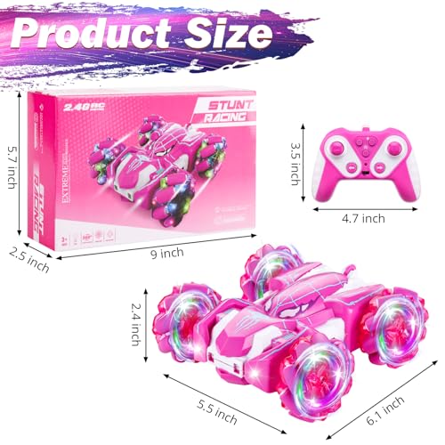 Spider Remote Control Car, 2.4Ghz Double Sided RC Cars with LED Light 360° Rotating RC Drift Car, 4WD Rechargeable RC Stunt Car Spider Toys for Boys 4-6 5-7 8-13 Girls Gifts Indoor Outdoor, Pink