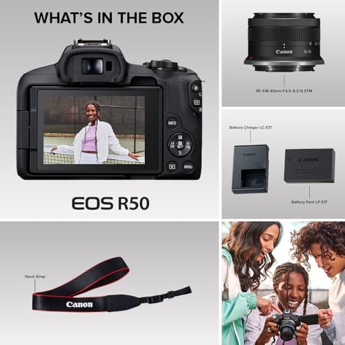 Canon EOS R50 Mirrorless Camera RF-S18-45mm F4.5-6.3 is STM Lens Kit, 24.2 Megapixel CMOS (APS-C) Sensor, 4K Video, Hybrid Camera, Photo and Video, Vlogging, Content Creator, RF Mount, Black