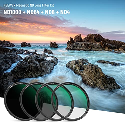 NEEWER 49 mm Magnetic ND Filter Set, ND4 ND8 ND64 ND1000 Magnetic Neutral Density Filter with Magnetic Adapter Ring and Filter Bag, Optical HD Glass with 30 Layers Nano Coating, Scratch/Waterproof