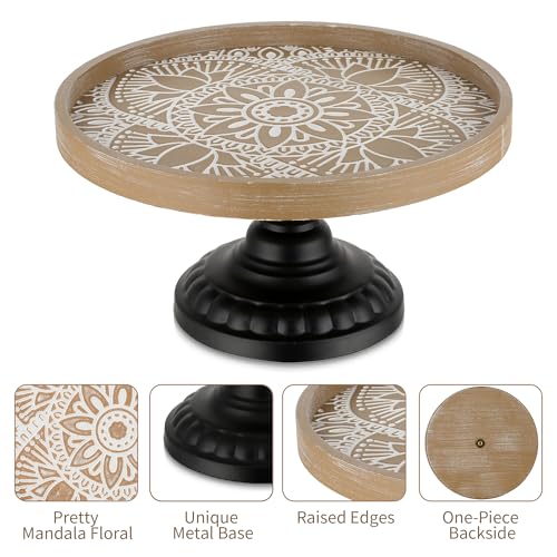 Hanobe Cake Stand Wood Riser: Decorative Boho Display Risers 12 in Round Rustic Wooden Cupcake Stand with Black Metal Pedestal for Wedding Birthday Party Home Decor Brown