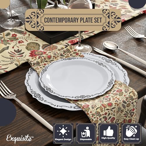 Exquisite Victorian Plastic Plates 80 Piece Plastic Disposable Plates for Party Set For 40 Guests 40 X 7.5 inch Dessert Plates & 40 X 10.25 Inch Plastic Plates Disposable Heavy Duty White & Black