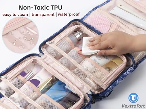 VEXTROFORT Toiletry Bag for Women, Large Hanging Travel Makeup Bag Water-resistant for Toiletries/Cosmetics/Brushes (Blue Floral)