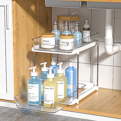 Delamu 2-Tier Multi-Purpose Bathroom Cabinet Organizer, Pull Out Under Sink Organizers and Storage, Stackable Pantry Organization and Storage, Clear Under Cabinet Storage with Movable Dividers