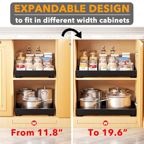 SpaceAid Pull Out Cabinet Organizer, 1 Pack Expandable (11.8"-19.6") Heavy Duty Pull-Out Drawer for Cabinets with Adhesive Tape, Kitchen Slide Out Shelves, Roll Out Shelf Storage (Black, 17" Deep)