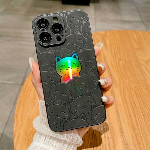 SPOBIT Compatible with iPhone 15 Pro Case, Cute Cat Pattern Laser Case for Women Men, Full Camera Lens Protection Hard PC Back Shockproof Cover Case for iPhone 15 Pro - Gray